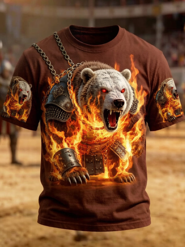 Fire Battle Bear Round Neck Short Sleeve Men's T-shirt