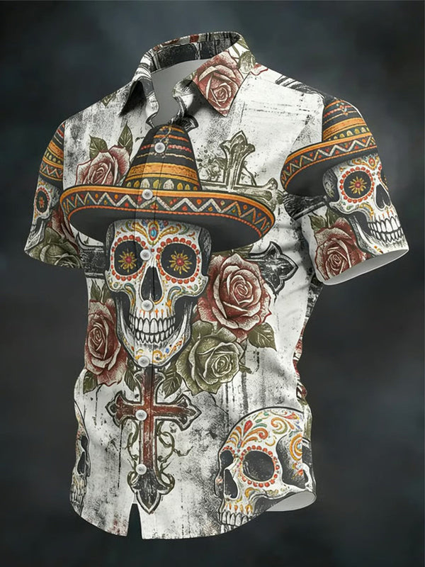 Day Of The Dead Skull And Rose Men's Pocket Short Sleeve Shirts