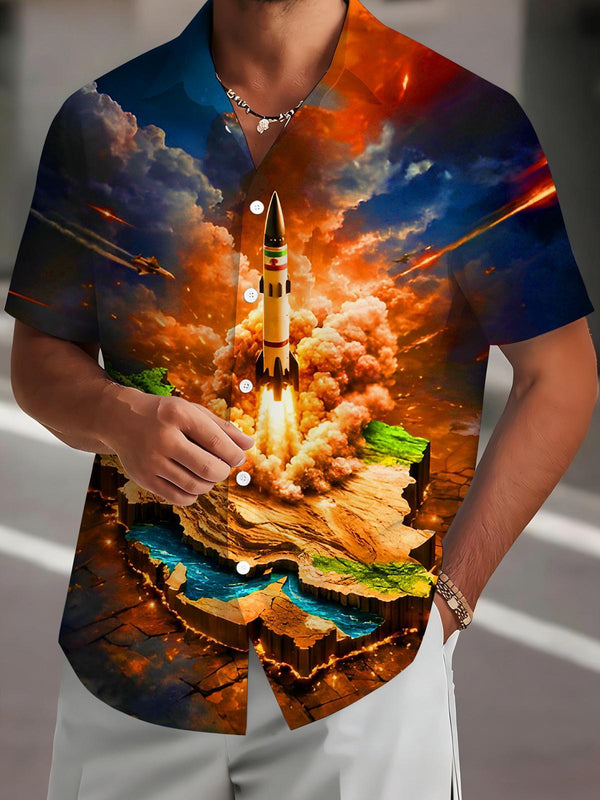 Dark Rocket Launching From Isometric Continent Map Men's Pocket Short Sleeve Shirts