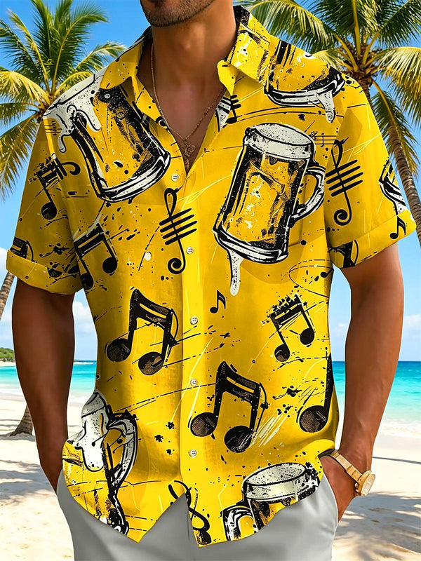 Hawaiian Beer Music Note Grunge Art Men's Pocket Short Sleeve Shirts