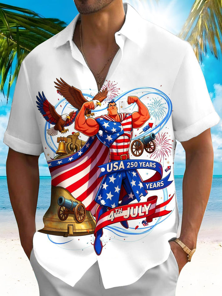 USA 250th Anniversary Patriotic Superhero Bald Eagle Liberty Bell Men's Pocket Short Sleeve Shirts