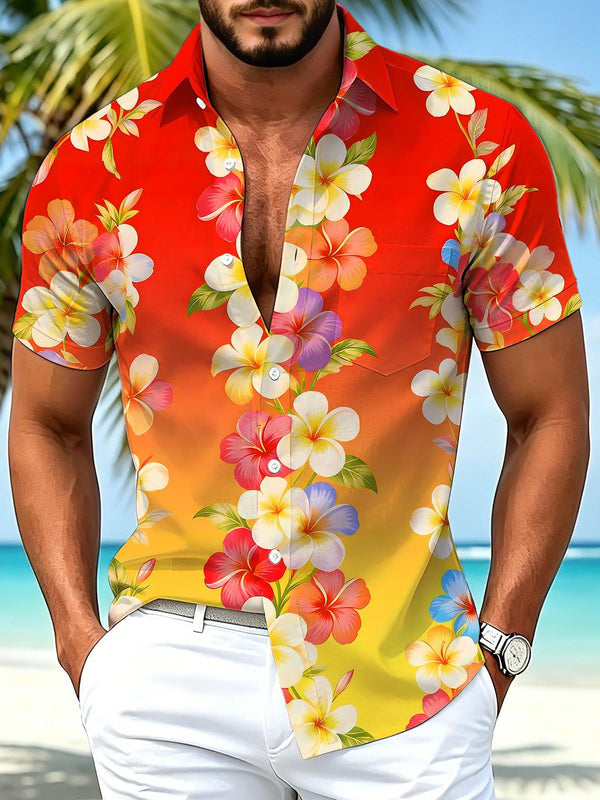 Hawaiian Gradient Tropical Plumeria Floral Men's Pocket Short Sleeve Shirts