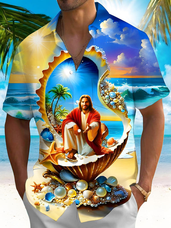 Hawaiian Jesus In Giant Seashell On Tropical Beach Men's Pocket Short Sleeve Shirts