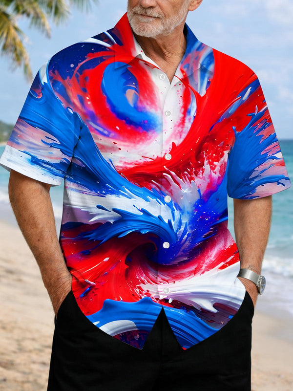 Red White And Blue Paint Swirl Abstract Art Men's Pocket Short Sleeve Shirts