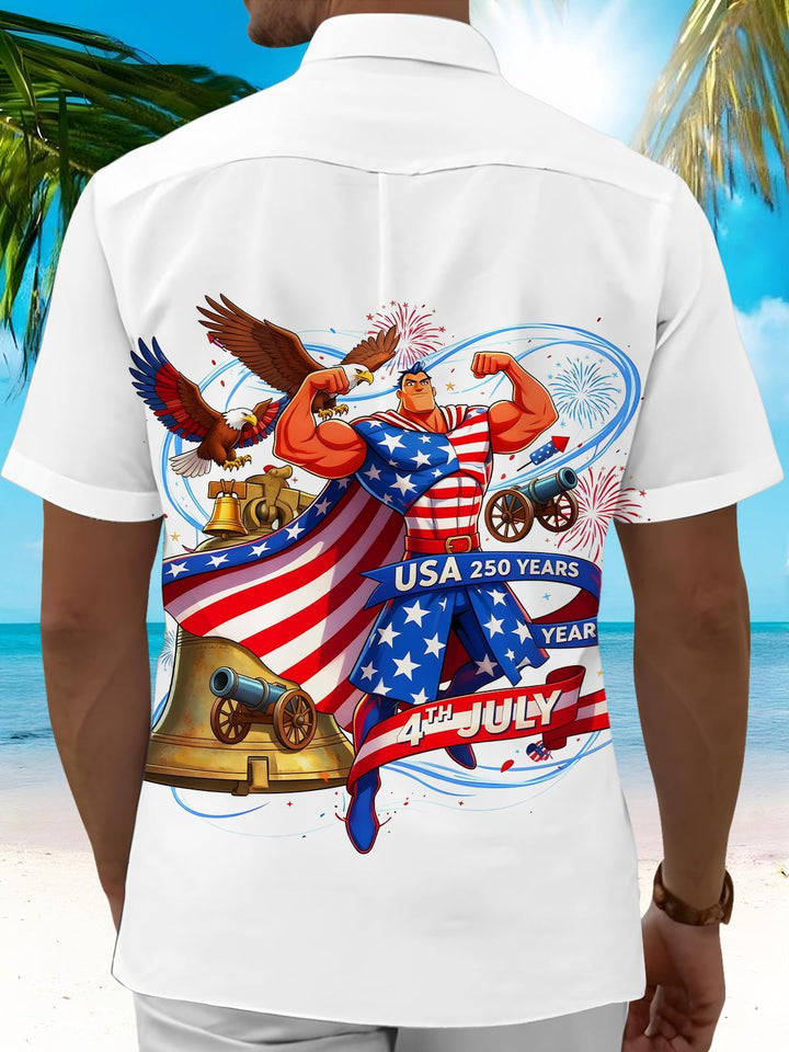 USA 250th Anniversary Patriotic Superhero Bald Eagle Liberty Bell Men's Pocket Short Sleeve Shirts