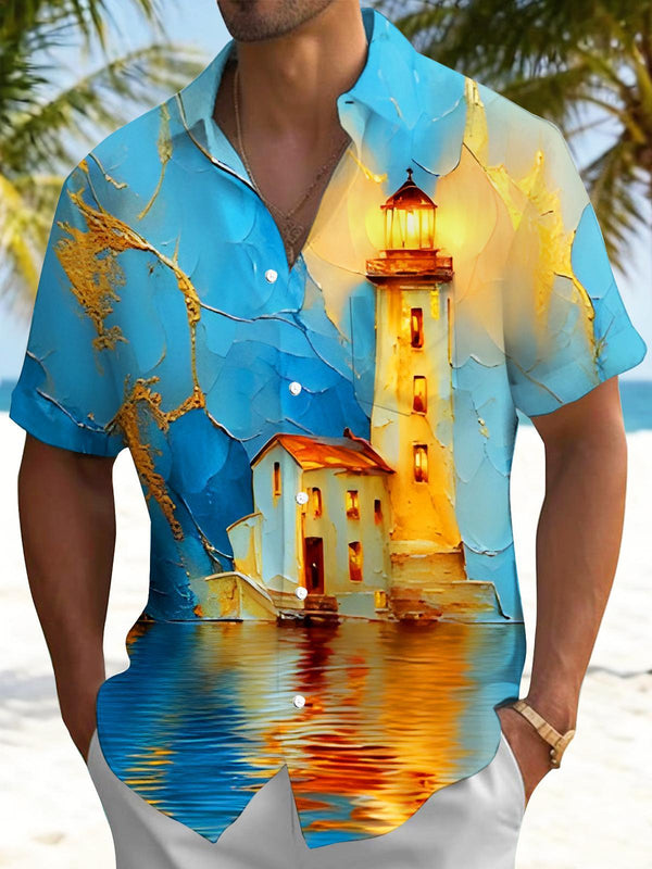 Art Golden Lighthouse On Blue Mountain By The Sea Men's Pocket Short Sleeve Shirts